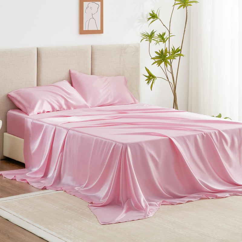 Satin Queen Sheets Set - 4 Piece Pink Silky Satin Bed Sheets Queen Set With De