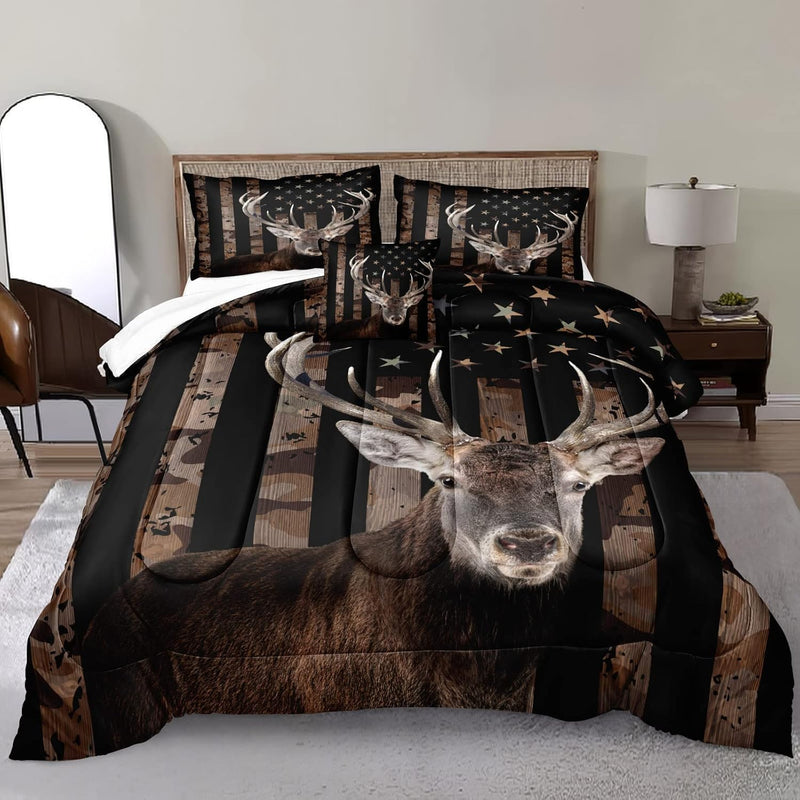 American Flag King Comforter Set Deer Hunting Hunter Bedding Set Deer Antlers