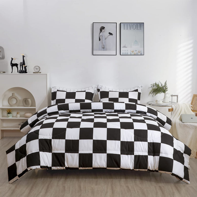 Queen Comforter Set 3 Pieces Fluffy Bedding Set Black Plaid Down Alternative C