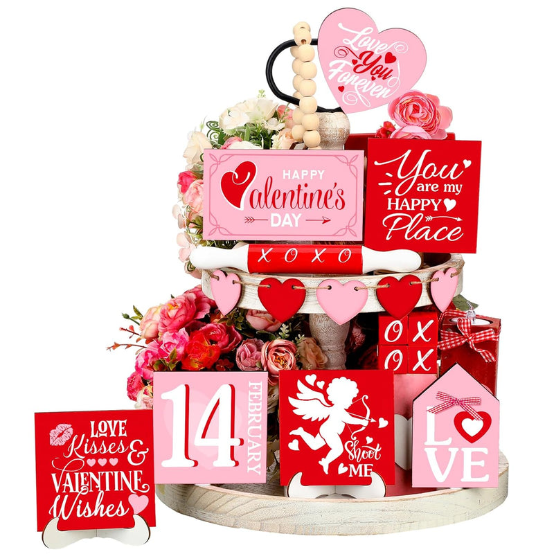 17 Pcs Valentine'S Day Tiered Tray Decor Set Farmhouse Wood Valentine Table De