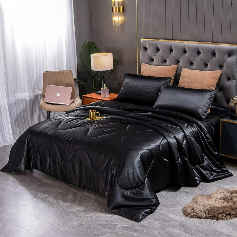 Satin Comforter Set Queen Size, Black Silk Bedding Set With 2 Pillowcases, Lux