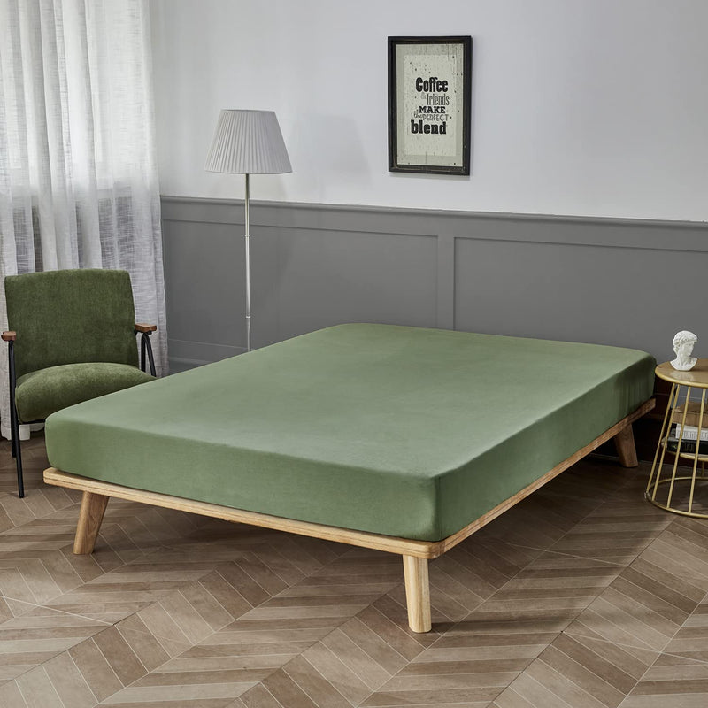 100% Washed Cotton Green Fitted Sheet, King Bed Sheet Extral Deep 16”, Ultra S