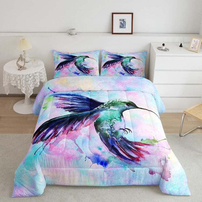 Hummingbird Comforter Set Queen Size Watercolor Animals Bedding Set Boho Tie D