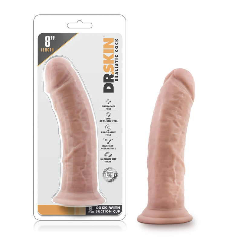 Blush Dr. Skin 8" Long Realistic Thick Dildo - 2” Wide Lifelike Cock - Suction Cup, Strap-On, Body-Safe Pvc - Solo Pussy & Anal Pleaser - Pegging Play Adult Sex Toy For Women, Men & Couples - (Beige)