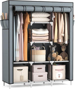 Portable Closet Wardrobe for Hanging Clothes with 2 Hanging Rods and 8 Storage Organizer Shelves,Sturdy Large Wardrobe Closet for Bedroom Free Standing Clothes Rack with Cover,Grey