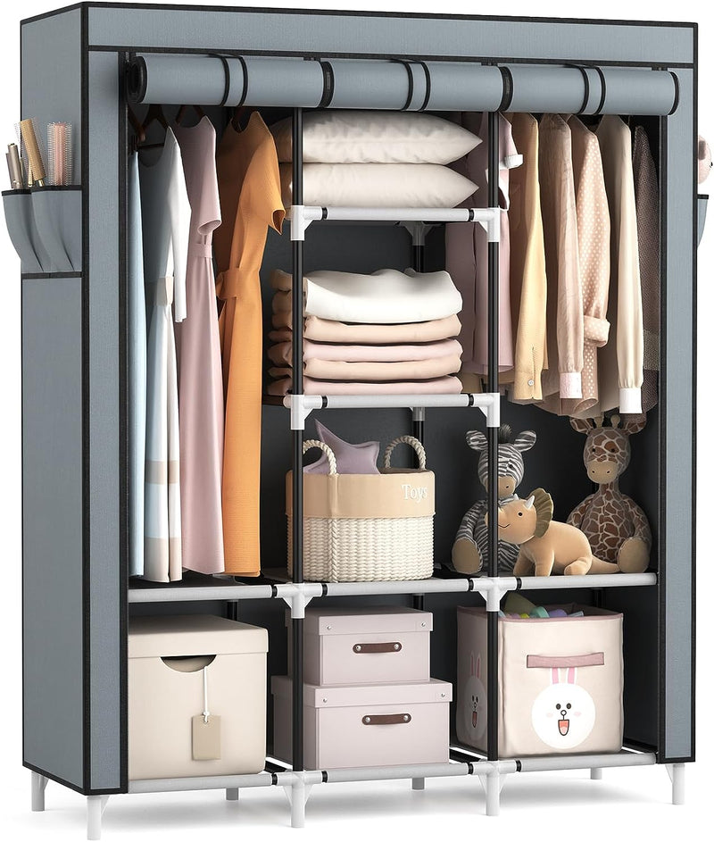 Portable Closet Wardrobe for Hanging Clothes with 2 Hanging Rods and 8 Storage Organizer Shelves,Sturdy Large Wardrobe Closet for Bedroom Free Standing Clothes Rack with Cover,Grey