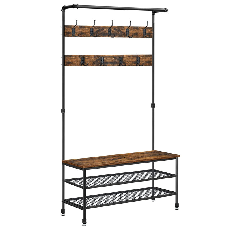 Daintree 3-In-1 Entryway Coat Rack And Storage Bench, Pipe Style Hall Tree Wit