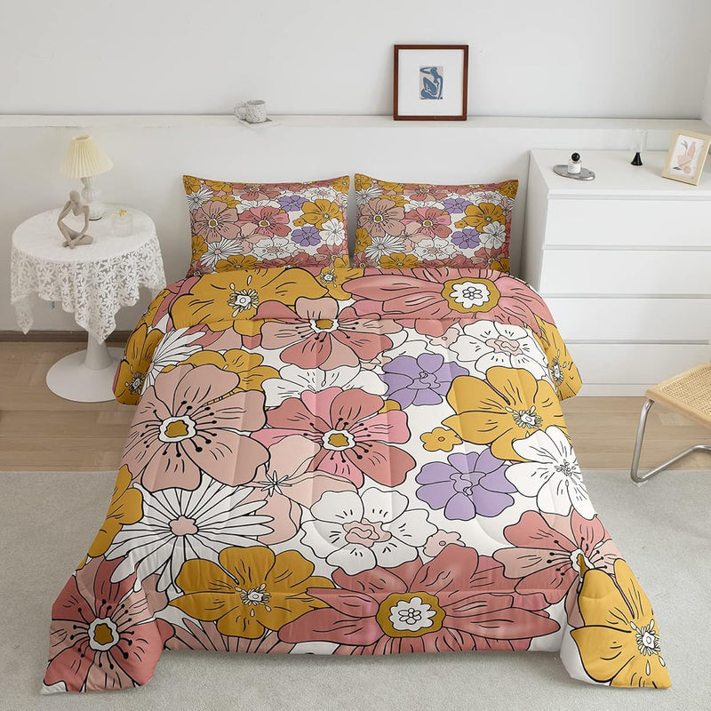 Groovy Flower Comforter 60S 70S 80S Flowers Pink Purple Yellow Comforter Set R