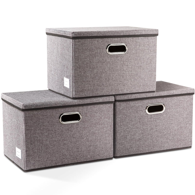 Large Collapsible Storage Bins With Lids [3-Pack] Linen Fabric Foldable Storage