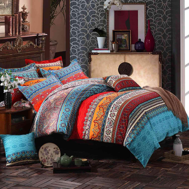 Queen Duvet Cover Set Boho Red Blue Colorful Retro Striped Print 3Pc 90 X 90 L