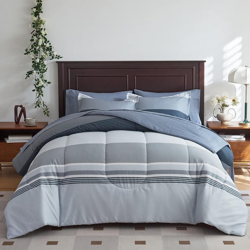 Cotton Comforter Sheet Set Queen Size 7 Pieces Bed In A Bag With White Gray St