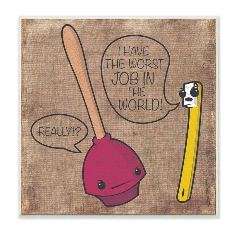 Stupell Home Décor Toothbrush And Plunger Cartoon Humor Bath Wall Plaque Art,