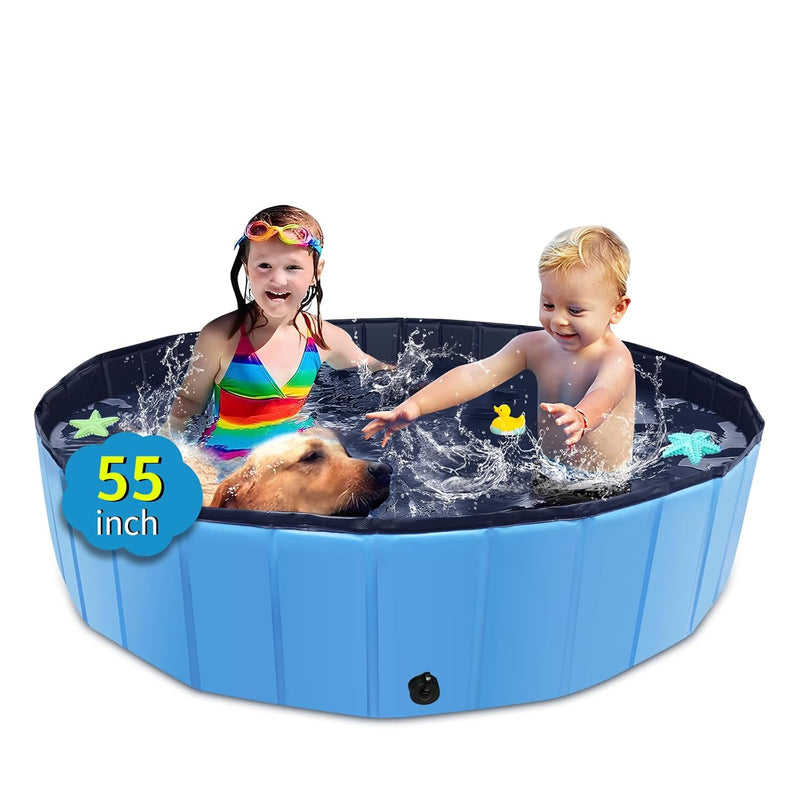 Foldable Dog Pool, 55" X 12" Kiddie Pool With Hard Plastic, Non Slip Dog Ba
