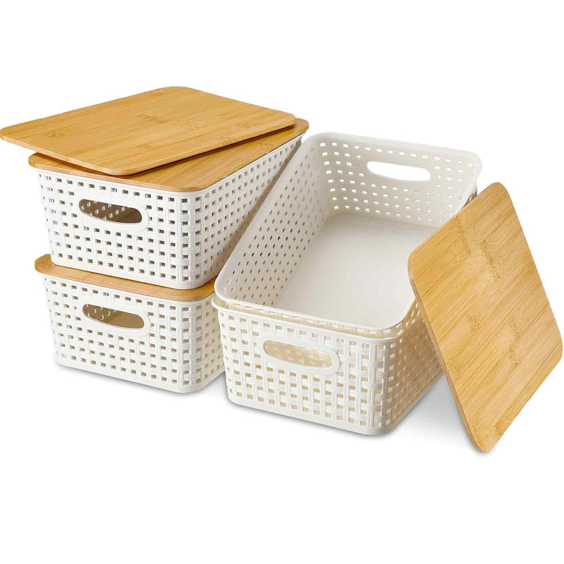 4 Pack Plastic Storage Baskets With Bamboo Lid Pantry Organization Storage Conta