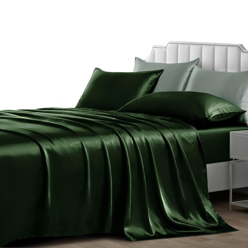 4 Pieces Satin Sheets Queen, Silky Satin Sheet Sets With 1 Fitted Sheet, 1 Fla