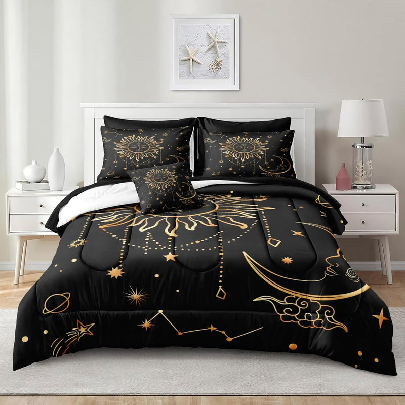 Black And Gold Comforter Set Sun And Moon Queen Bed In A Bag 8 Pieces Bohemian
