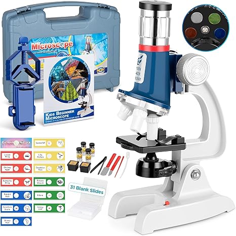 Kids Microscope Science Kit 100X-1200X with LED Light and 58 Pieces