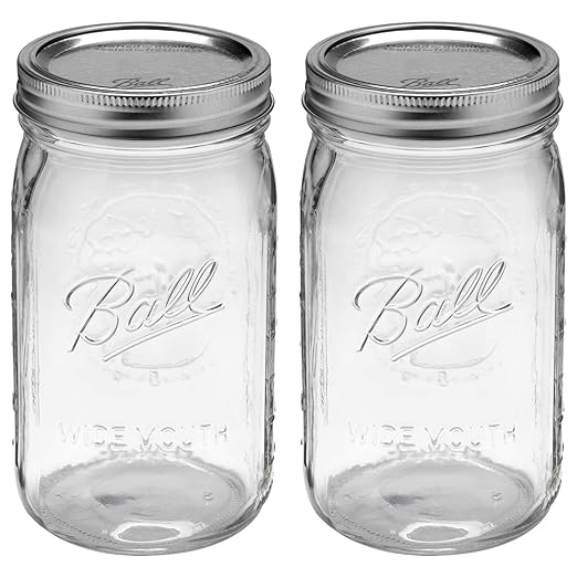 Wide Mouth 32-Ounces Quart Mason Jars with Lids and Bands, (2 Jars)