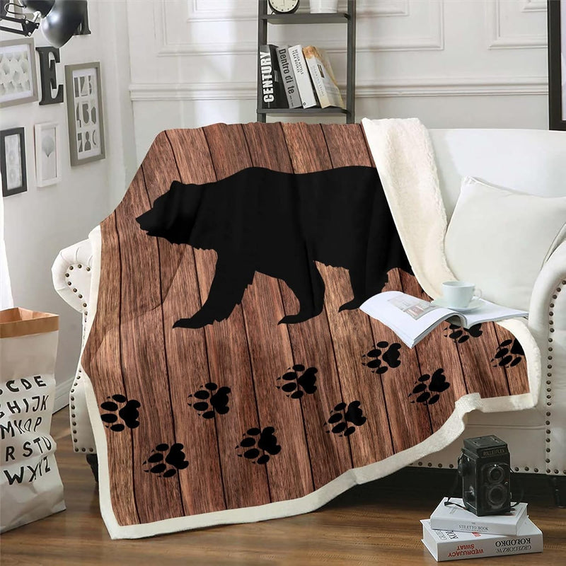Black Bear Throw Blanket Throw 50"X60",Rustic Brown Farmhouse Wooden Board Plu