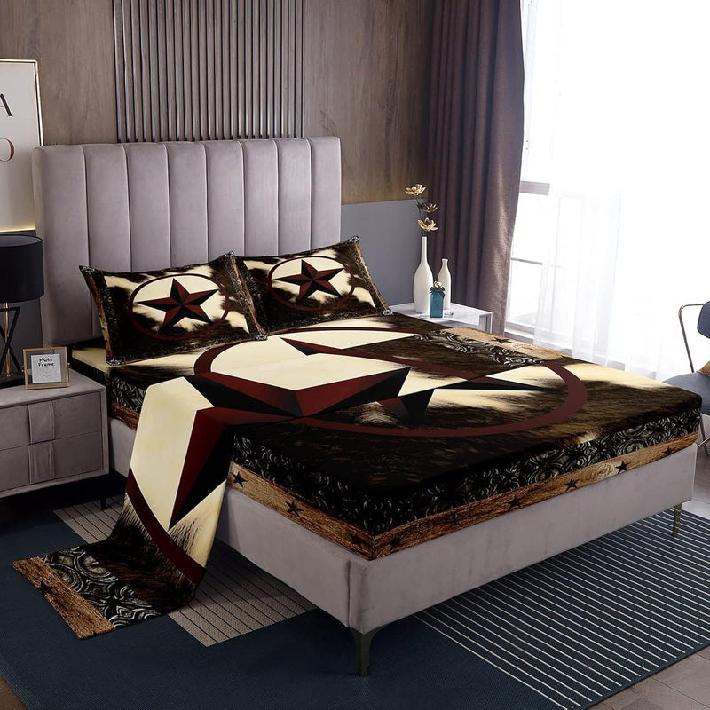 Rustic Cow Print Bed Sheets Queen,Vintage Western Texas Star Sheet Set For Wom