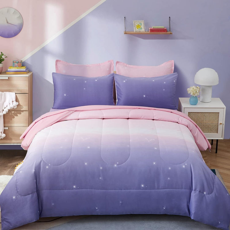 Girls Comforter Set Full Size Colorful Ombre Pink Purple Rainbow Bedding Set B