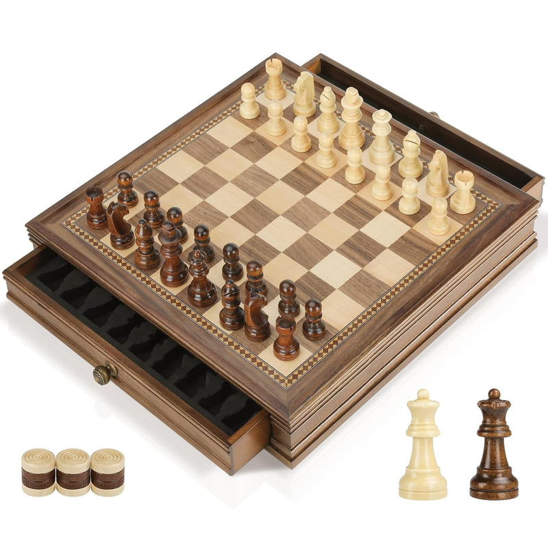 Magnetic Chess Checkers Board Sets With 2 Built In Storage Drawers,12.8" Cl