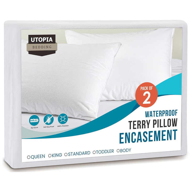 Pillow Protectors With Zipper Queen (2 Pack), White, Waterproof Terry Pillow E