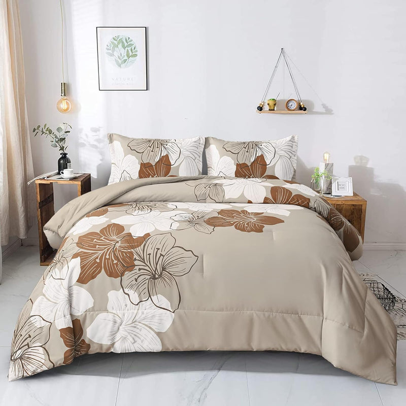 Brown Comforter Set Queen - Taupe Floral Comforter Khaki Botanical Bedding Set