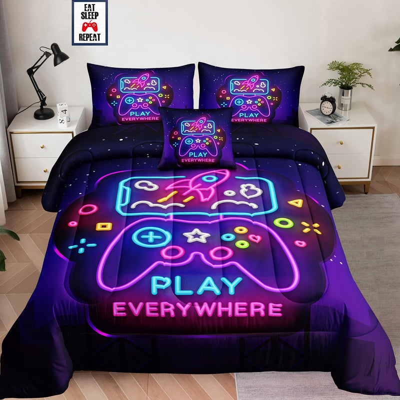 5 Pieces Bed In A Bag For Gaming Bedding Set,Boys Gamer Comforter Set With Fla