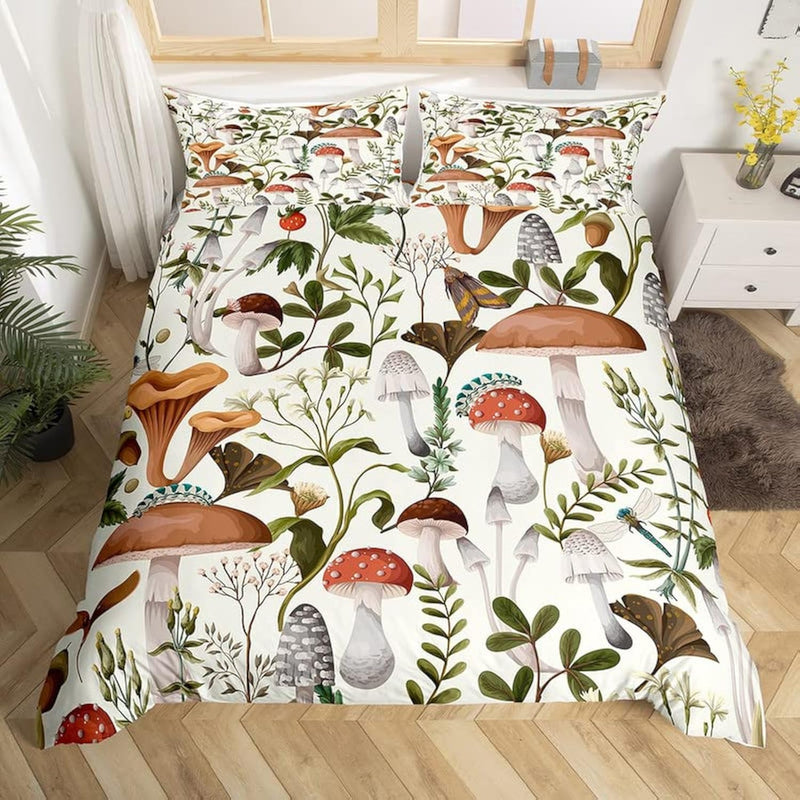 Mushrooms Moth Bedding Set For Girls Boys Children Botancial Fungus Comforter