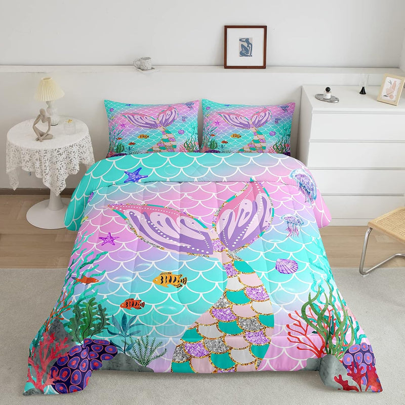 Mermaid Tail Comforter Set,Kids Fish Scales Down Comforter Queen,Girly Rainbow
