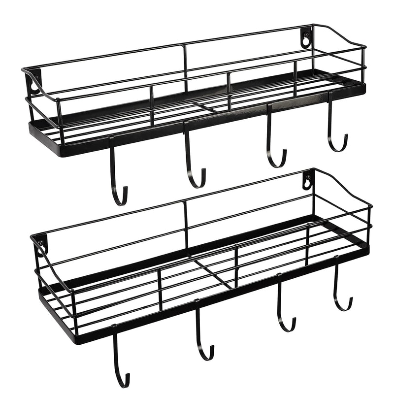 Metal Black Floating Shelves Wall Mounted With 8 Removable Hanging Hooks, 15-I