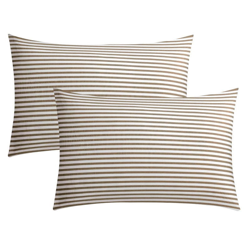100% Natural Cotton Striped Queen Pillowcases Set, 2 Pack White And Khaki Stri