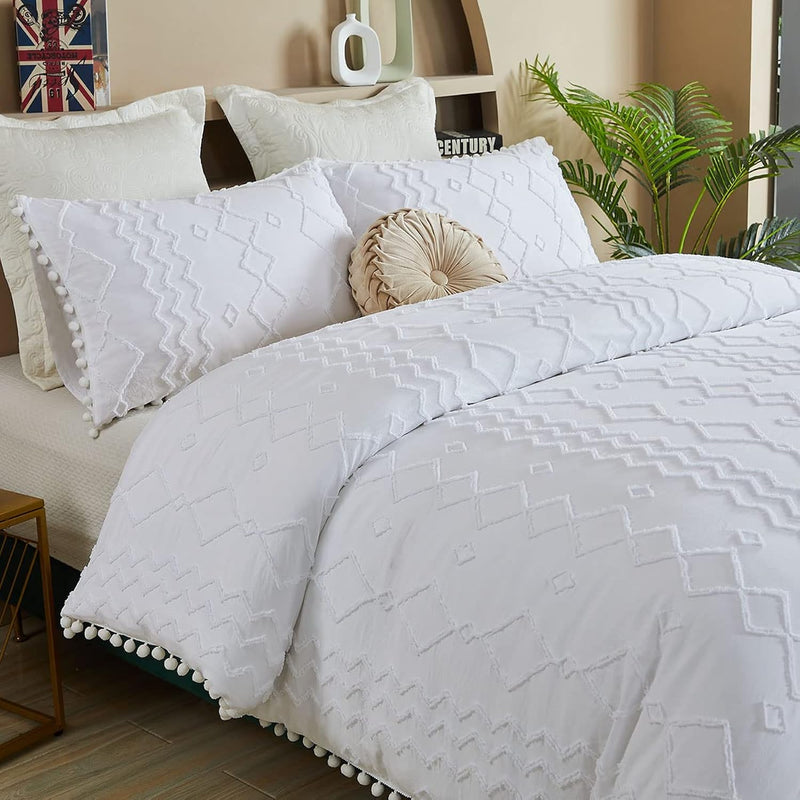 College Dorm Room Bedding Sets, White Boho Duvet Cover Twin Xl Pom Pom Bedding
