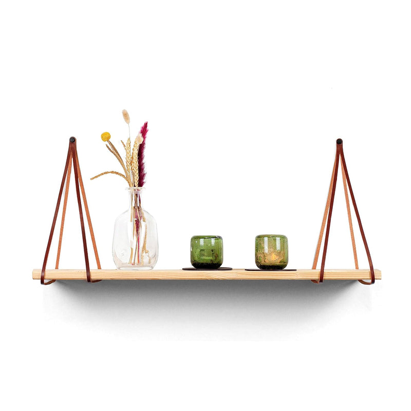 - Leather Shelf Brackets - Split Lines - Cognac - 6 Pieces - Floating Shelf Se