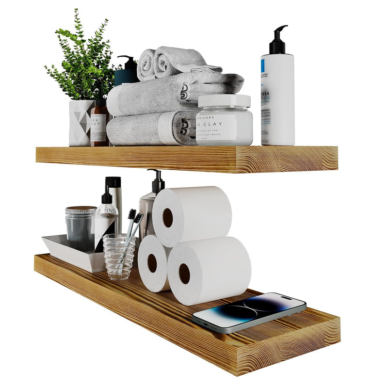 24 Inch Floating Shelves Rustic Natural Wood Pine Wall Shelf Open Shelving Lig