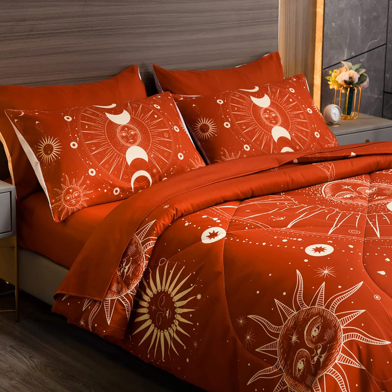 Burnt Orange Comforter Set Queen 7 Pieces Sun And Moon Celestial Bed In A Bag