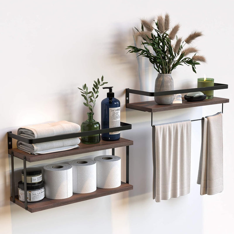 2+1 Tier Wall Mounted Floating Shelves Set Of 2, Rustic Wood Shelf With Metal