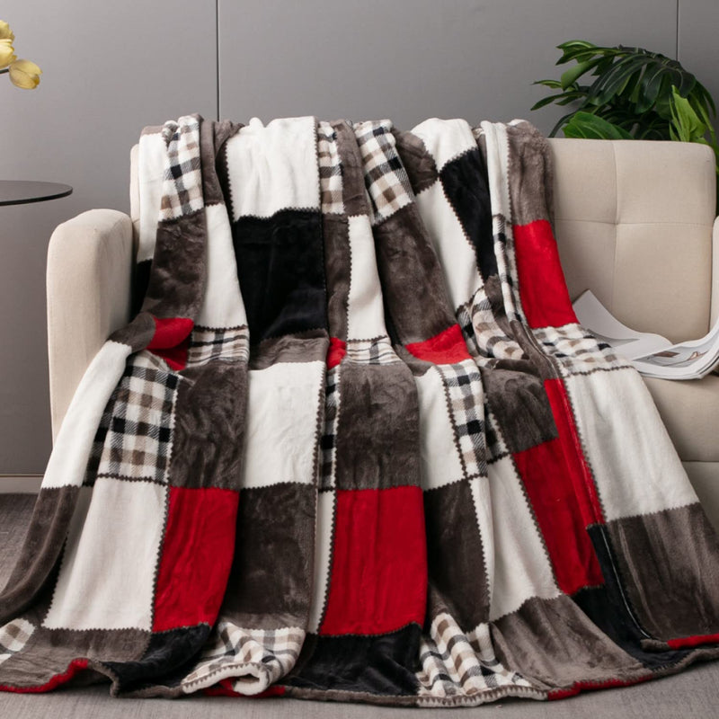 Tache Microfleece Plaid Brown Red Throw Blanket - Sunset Maple Farmhouse Check