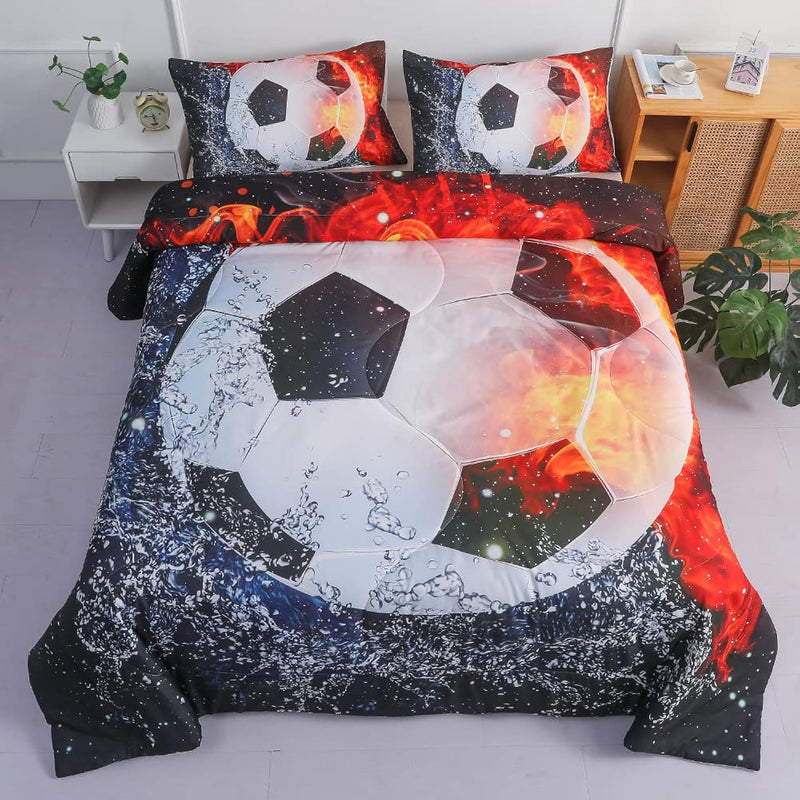Sports Soccer Ball Comforter Sets Queen Full Size Bed Set- 3Pc Ice Flame Galax