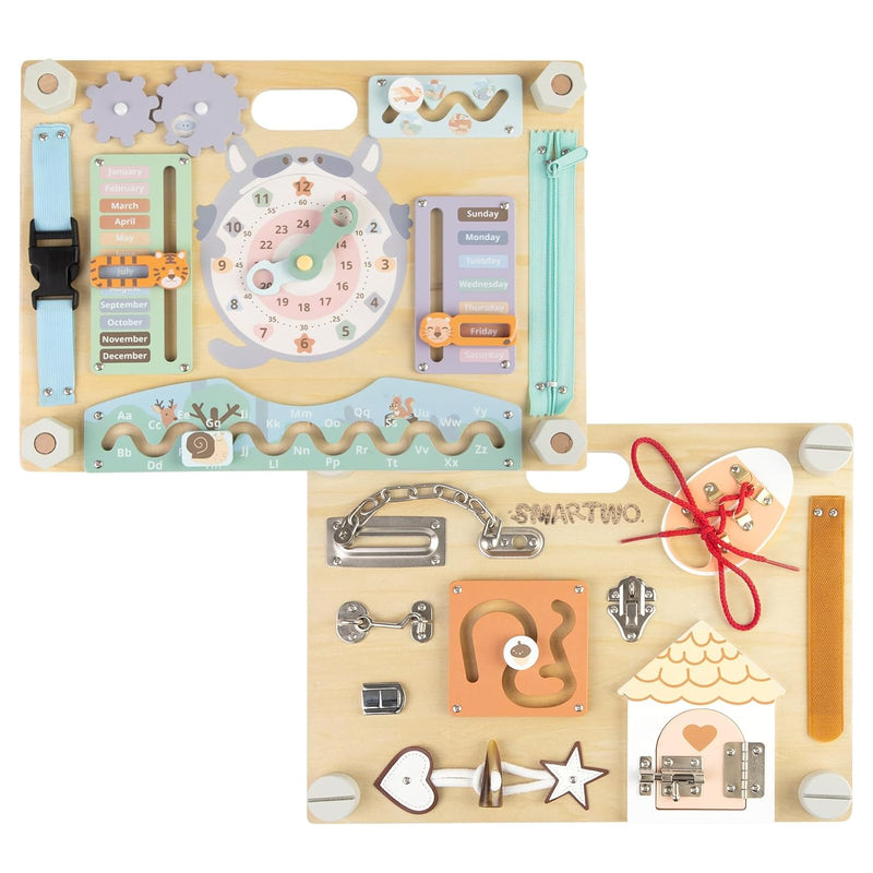 Double Sided Wooden Busy Board For Toddlers, Sensory Activity Board, Montes