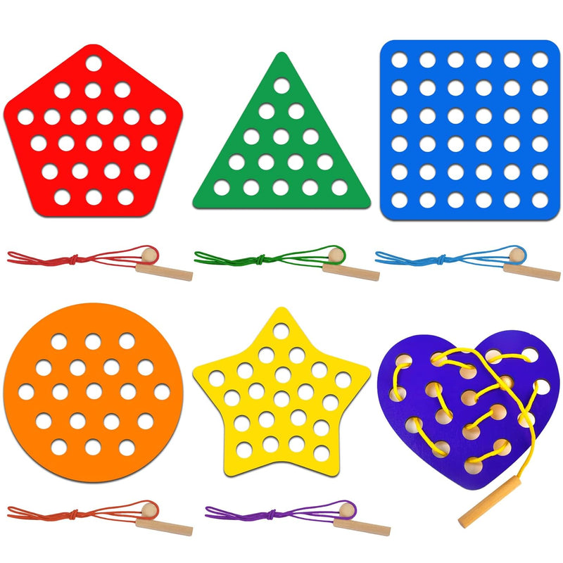 6 Pcs Lacing Toy Toddlers, Geometric Wooden Threading Toys, Educational and