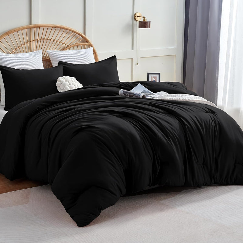 Black Comforter Set King Size, 3 Pieces Solid Breathable Quilted Style Bedding