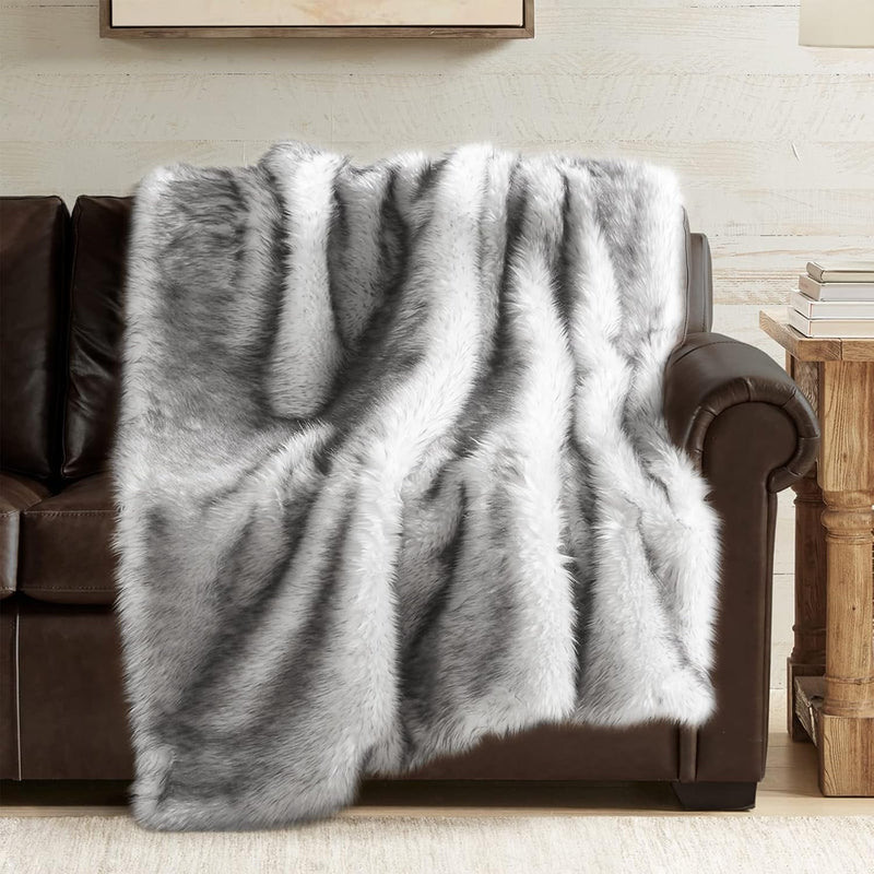 Long Pile Faux Fur Throw Blanket, Luxury Fluffy Wolf Grey With Black Tipped Bl
