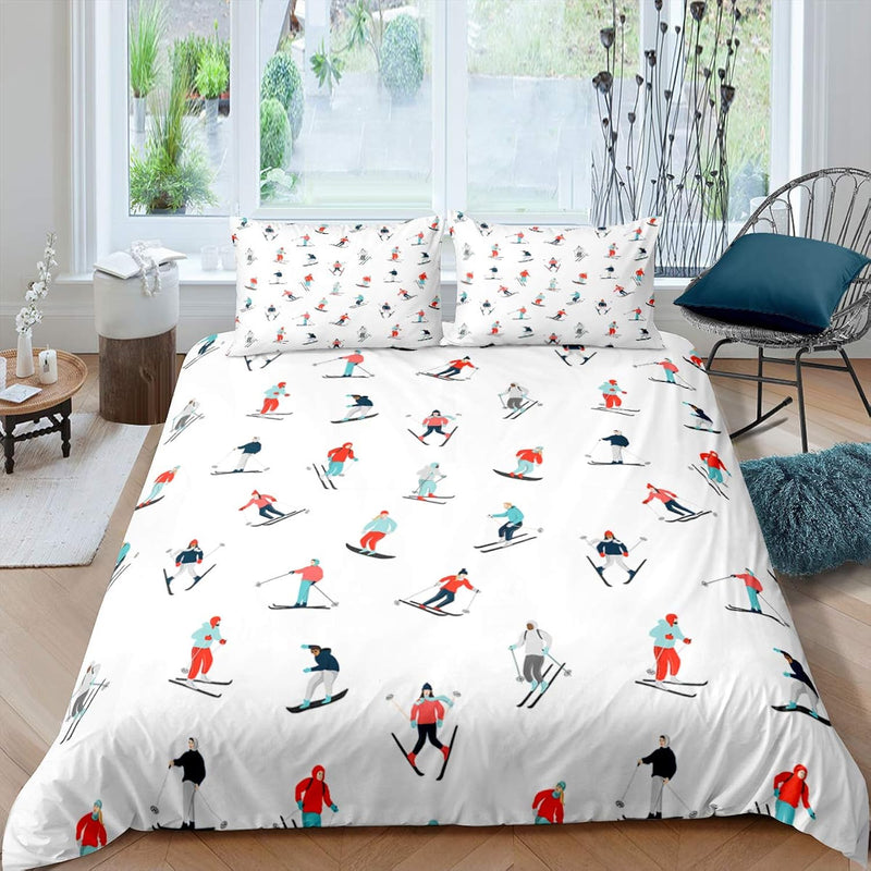 Skiing Duvet Cover Kids Cartoon Ski Bedding Set Sports Theme Comforter Cover E