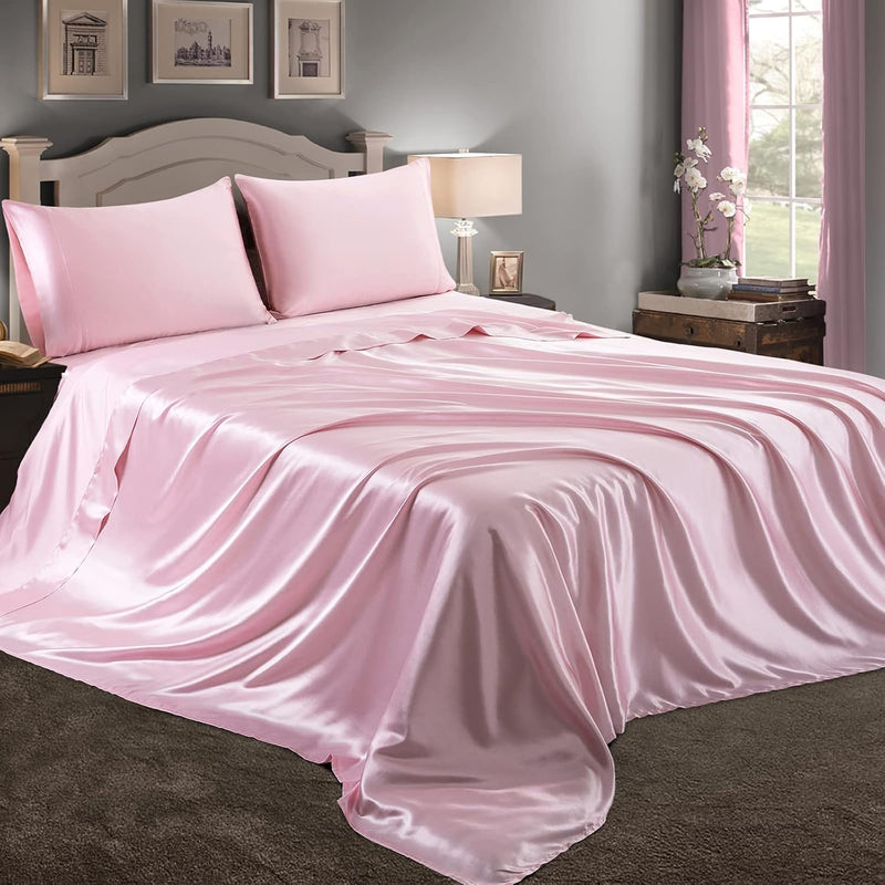 3 Piece Pink Satin Sheets Twin Size Satin Bed Sheets Set Silky Satin Sheet Wit