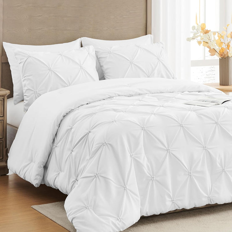 Queen Comforter Set White - 3 Pieces Soft Fluffy Pintuck Bedding Set For All S