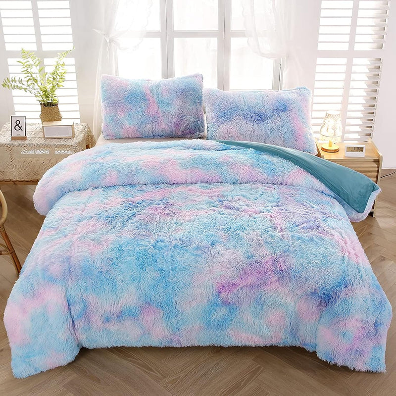 Faux Fur Duvet Cover Set Twin Size, Tie Dye Rainbow Plush Shaggy Girls Bedding