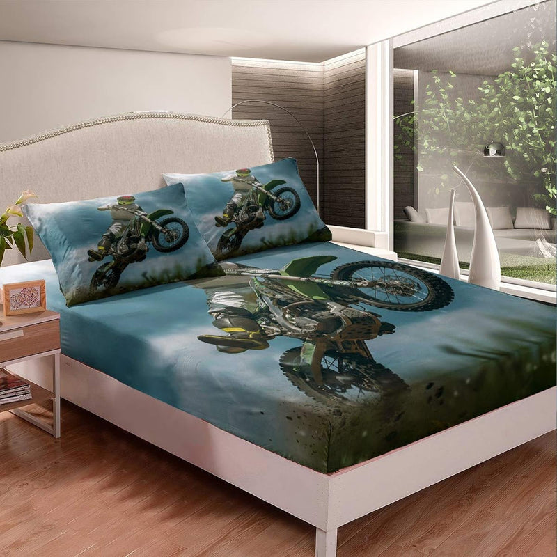 Dirt Bike Bedding Set Extreme Sports Theme Bed Sheet Set Kids Boys Youth Motoc