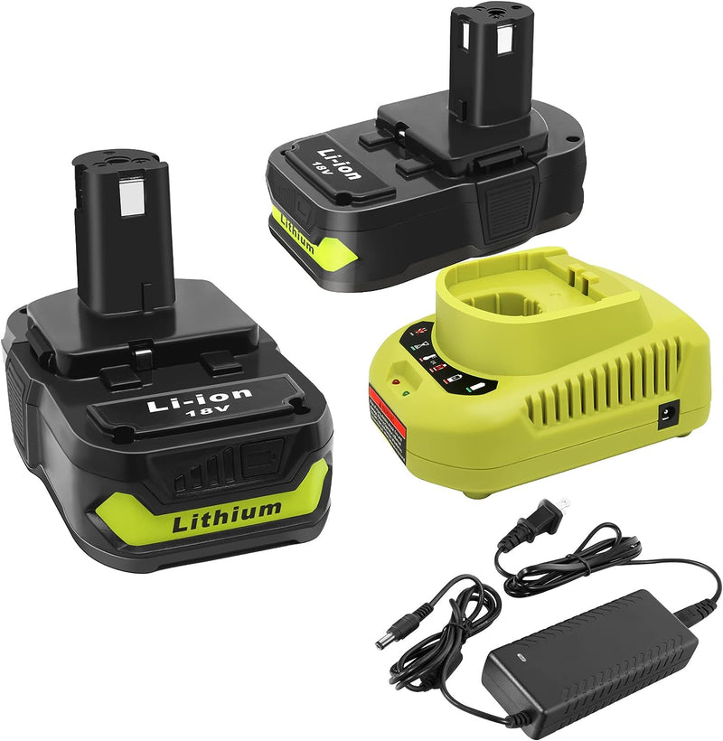 2Packs 18V Battery and Charger Combo for Ryobi 18-Volt Cordless Tools Battery and P118B Charger, 18V Battery Capacity OUTPUT 3.0Ah